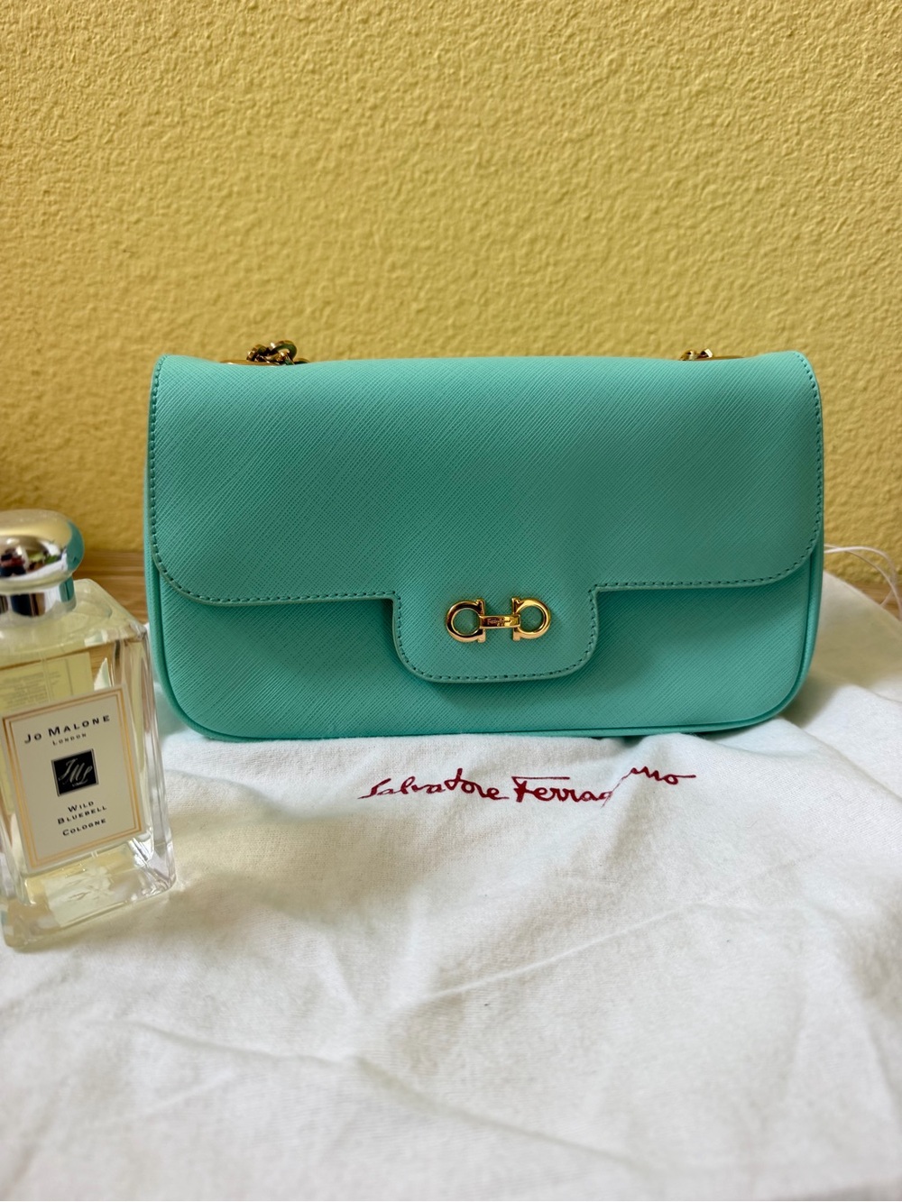 Salvatore Ferragamo Turquoise Leather Shoulder Bag with Gold Hardware